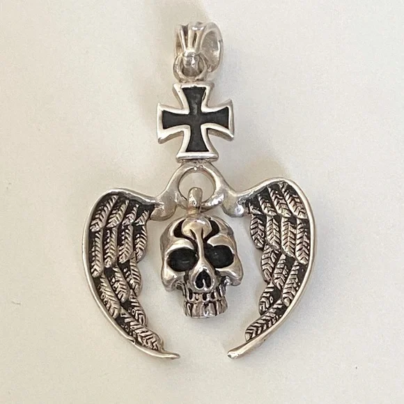 925 Silver skull angel wings pendant iron cross unisex - Picture 2 of 6